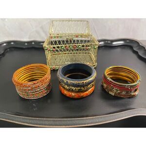 Vintage Indian Bangle Bracelet Set Hand Painted Wood Metal Thread Wrap Gold Box